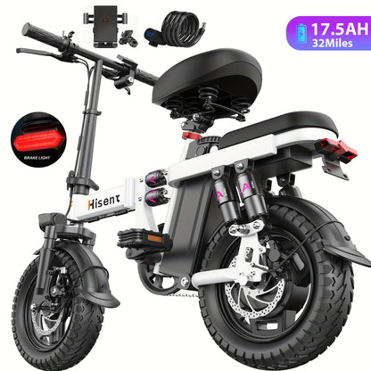 Hisent 740W Folding Electric Bike Is Suitable for Both Adults And Teenagers.14" Tires, 740W Brushless Motor, 48V 6A/10A/15A/17.5A Lithium Battery, Range Of 8-35 Miles, Multiple Shock Absorbers, Alloy Steel Frame, LCD Display