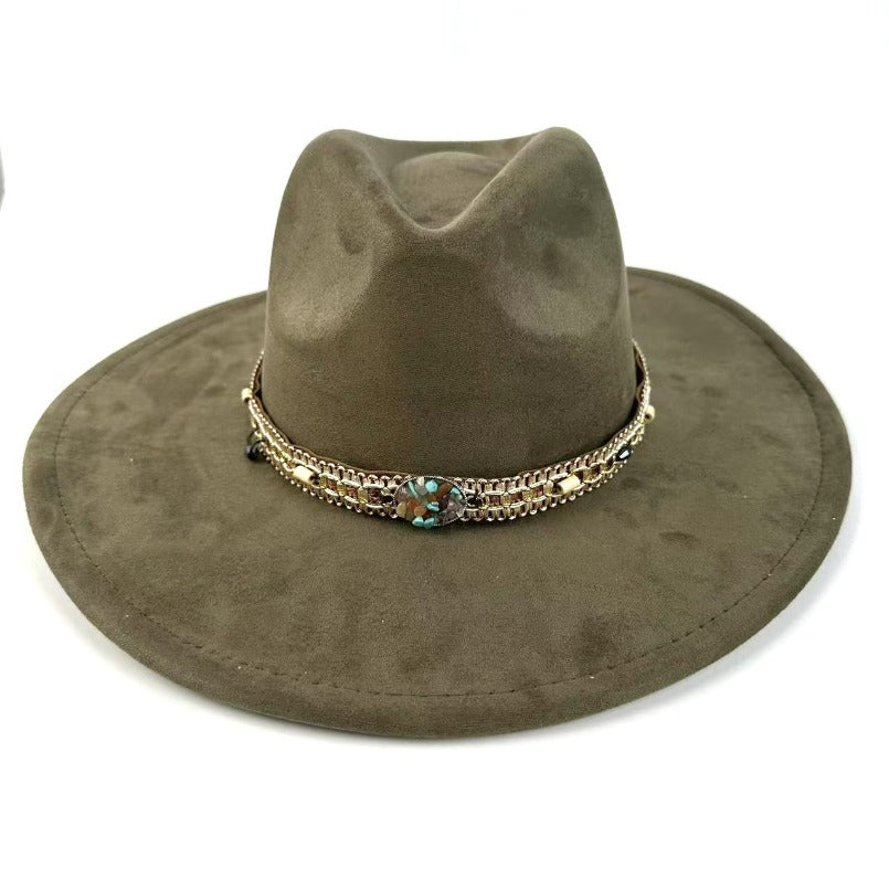 1pc Bohemian-Style Wide-Brimmed Women'S Felt Hat - with a Turquoise Bead Chain Decorative Band - Suitable for Holiday Dress-Up, Cowboy-Inspired Looks, Daily Casual Wear, And As a Photography Prop for Bohemian Home Decor, Fest