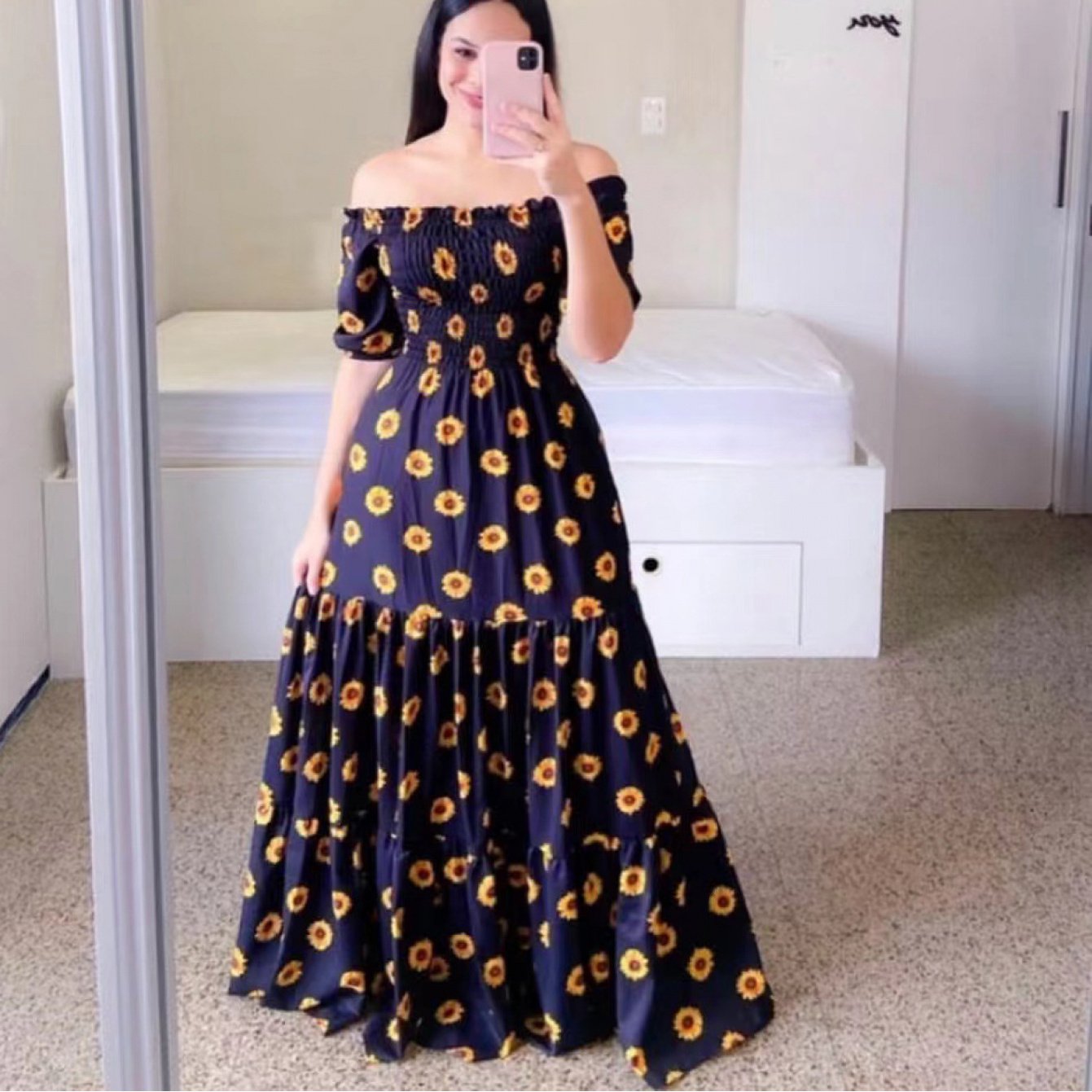2023 New Spring Summer European and American Women's Fashion Off-Shoulder Floral Print Long Dress