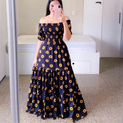 2023 New Spring Summer European and American Women's Fashion Off-Shoulder Floral Print Long Dress
