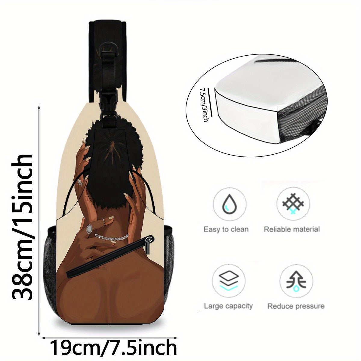 1pc African Women'S Illustration Crossbody Chest Bag - Vibrant Geometric Print, Adjustable Strap, Large Capacity Zipper Closure, Durable Polyester, Perfect for Travel, Outdoor Adventures & Daily Use - Unique Gift for Hallowee