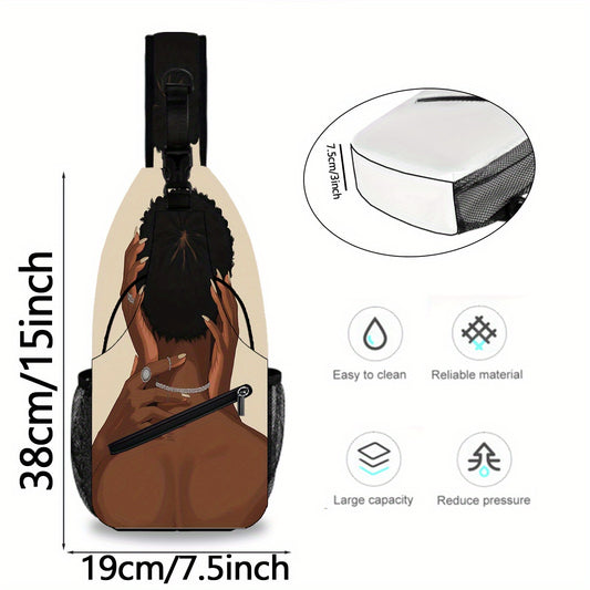 1pc African Women'S Illustration Crossbody Chest Bag - Vibrant Geometric Print, Adjustable Strap, Large Capacity Zipper Closure, Durable Polyester, Perfect for Travel, Outdoor Adventures & Daily Use - Unique Gift for Hallowee