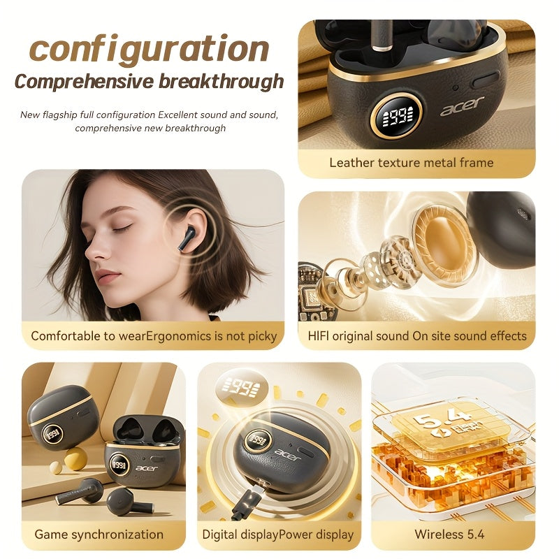 ACER TWS Wireless Earbuds with Deep Bass Stereo + Call Noise Cancellation, Long-Lasting Comfort, HIFI Sound, Lightweight Touch Design, Classic Retro Style, Non-Painful Wear for Sports, Running, Learning, Business, Music - Chr