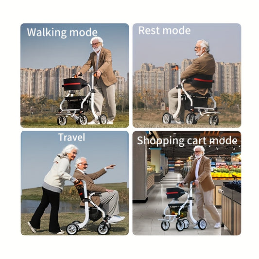 Multi Function Foldable Scooter For Seniors 4 Wheel Lightweight Aluminum Design With Airless Solid Tires Adjustable Handles Supportive Backrest Built In Storage For Indoor Outdoor Dual Use