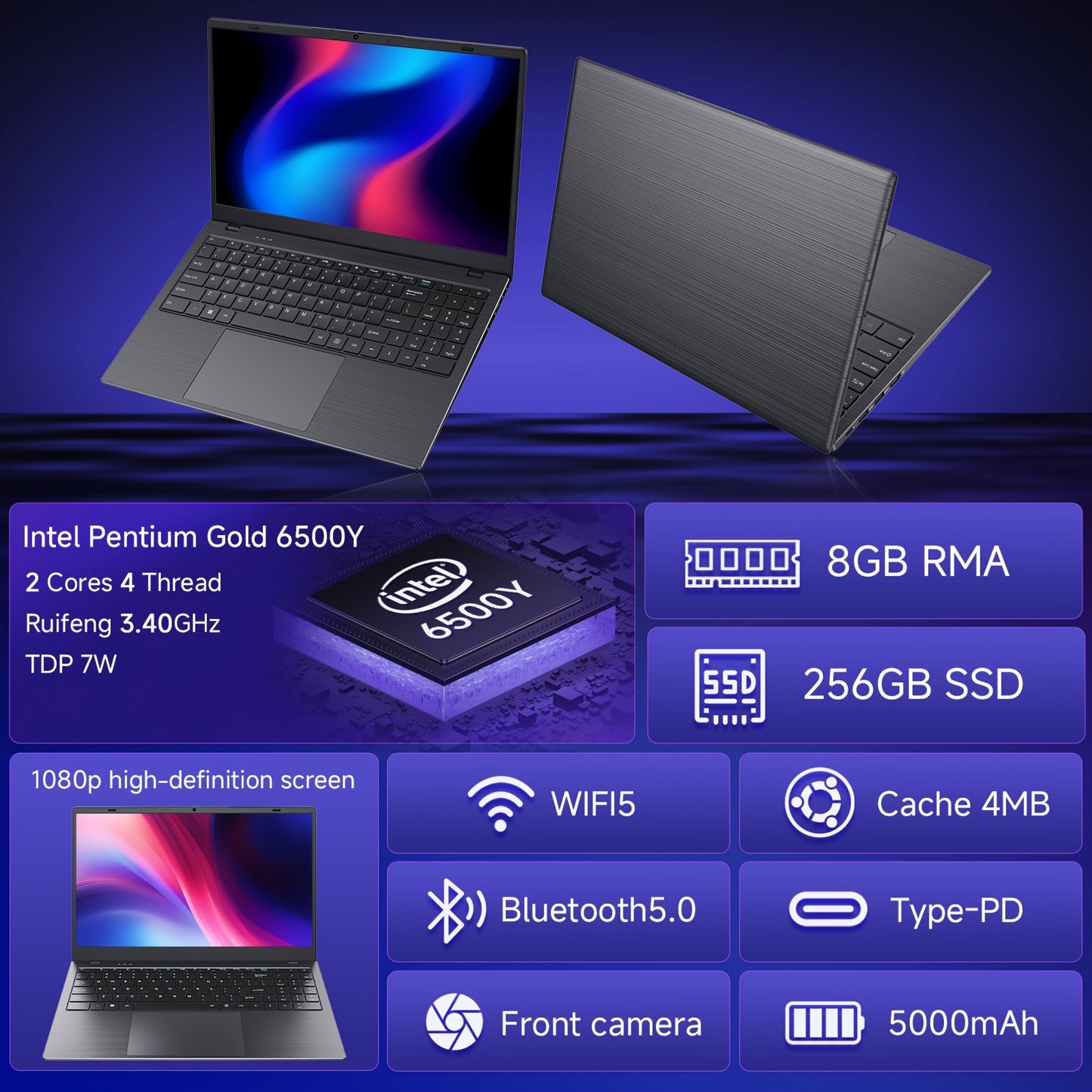 RNRUO 15.6-inch New Ultra-thin Laptop with Pentium 6500Y Processor, 8GB RAM SO-DIMM * 2 256GB SSD, Supports Dual Screen 4K High-definition Resolution, Stereo Four Speakers, TYPE-C Charging And PD Fast Charging, Rich Computer