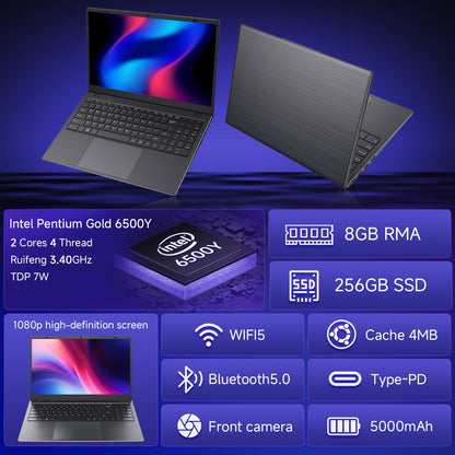 RNRUO 15.6-inch New Ultra-thin Laptop with Pentium 6500Y Processor, 8GB RAM SO-DIMM * 2 256GB SSD, Supports Dual Screen 4K High-definition Resolution, Stereo Four Speakers, TYPE-C Charging And PD Fast Charging, Rich Computer