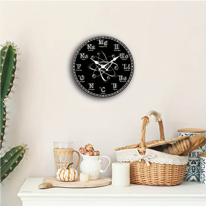 1pc Round Clock, Chemical Symbol Creative Wall Clock, Periodic Table Blackboard Chemistry Teacher Clock, Silent Quartz Round Wooden Clock, Suitable for Bedroom Living Room Office Kitchen Bathroom, Battery Powered (Battery Not