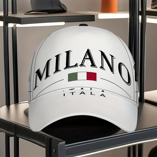 1pc 2D Milano Emblem Print Baseball Cap - Full-Body Vibrant Polyester Hat with Adjustable Snapback, Ideal for Outdoor Sports, Street Style & Running, Black with White Logo, Sports Cap | Stylish Headgear | Durable Headwear