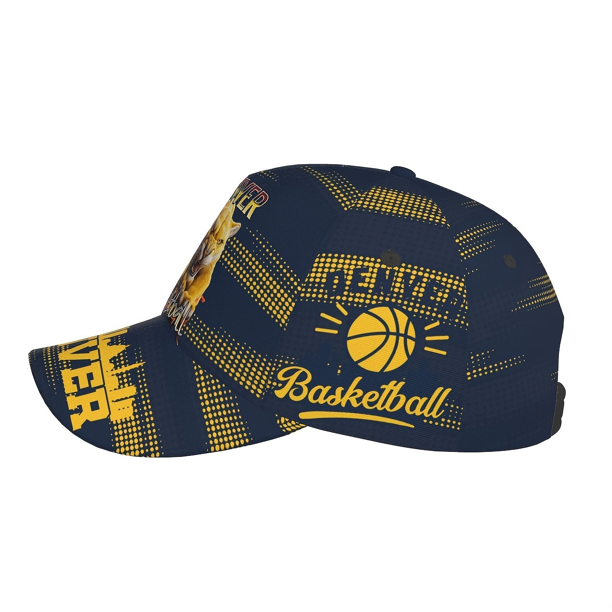 Trendy Structured Baseball Cap Featuring a Full-Print Design of a Golden Lion in a Basketball Style, Complemented by a Navy And Golden Polka Dot Stripe Texture