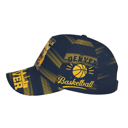 Trendy Structured Baseball Cap Featuring a Full-Print Design of a Golden Lion in a Basketball Style, Complemented by a Navy And Golden Polka Dot Stripe Texture