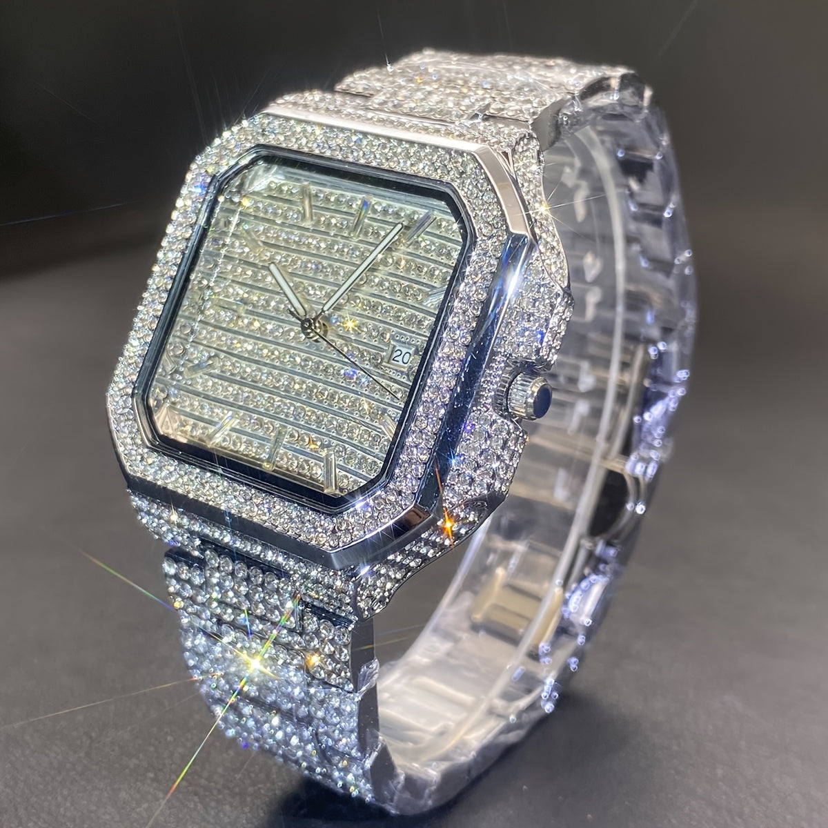 MISSFOX Men'S Luxury Rhinestones-Encrusted Golden-Tone Square Watch with Date Calendar, High Quality IP65, Quartz Movement, Sparkling Bezel & -Accented Dial - Elegant Analog Watch for Casual & Formal Wear, Party Accessory, Ba