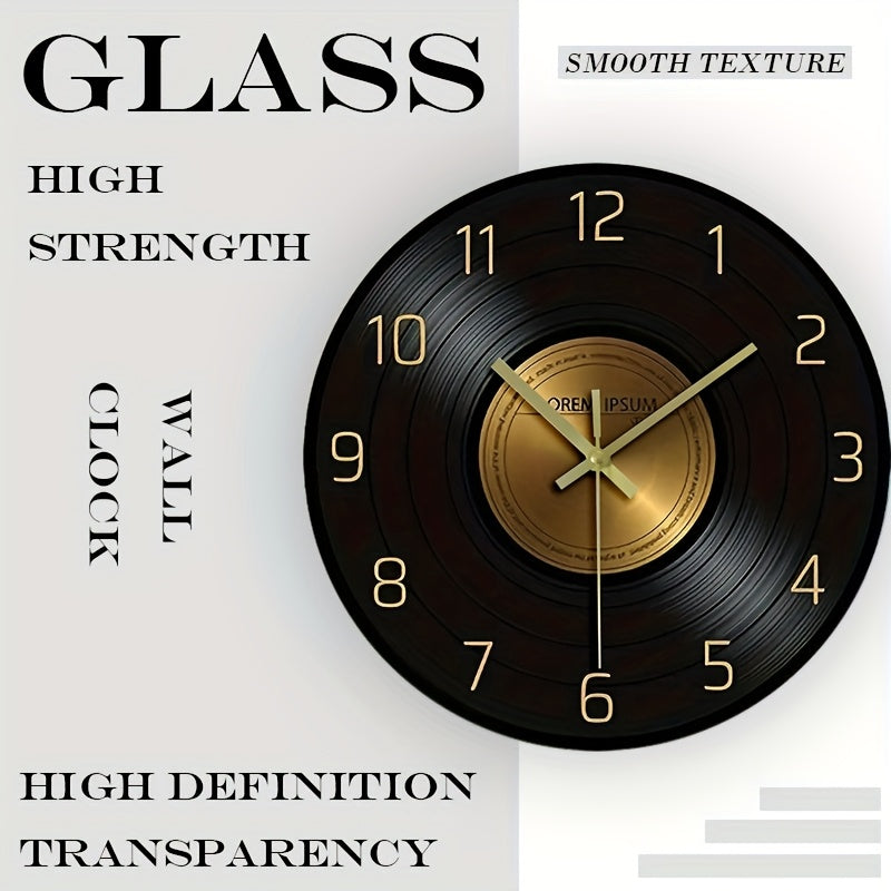 12-inch Glass Silent Wall Clock, Inspired by Vinyl Records - Black and Golden, Suitable for Living Room, Bedroom, and Office Decor | Elegant Timer, Battery Not Included, Office Wall Clock | Decorative Hanging Clock | Silent M