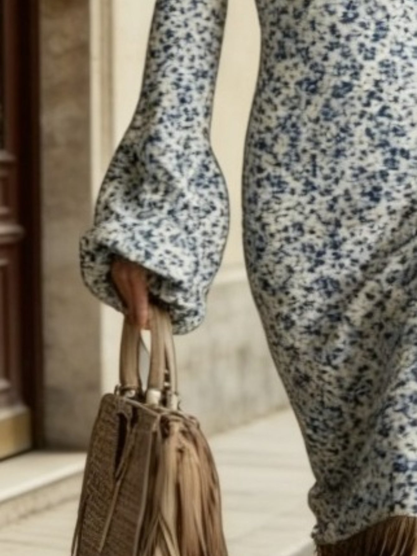 Cross-border New Autumn And Winter Sweater Dress, Floral Flower Printing, Sexy V-neck Long-sleeved Design, Fringed Hem Embellishment, Warm And Thin Temperament Commuter Bottom Dress