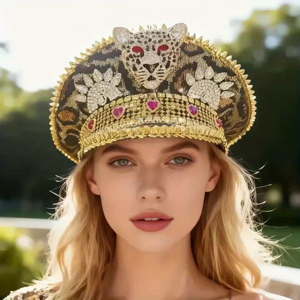 Steampunk Rhinestone Captain Hat for Women | Adjustable Shiny Glam Military Cap with Leopard Print, Perfect for Burning Man, Halloween, Music Festivals, Rave, Cosplay Costume, Carnival, Disco, Bachelorette Party | Sparkling P