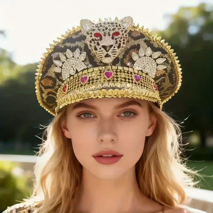 Steampunk Rhinestone Captain Hat for Women | Adjustable Shiny Glam Military Cap with Leopard Print, Perfect for Burning Man, Halloween, Music Festivals, Rave, Cosplay Costume, Carnival, Disco, Bachelorette Party | Sparkling P