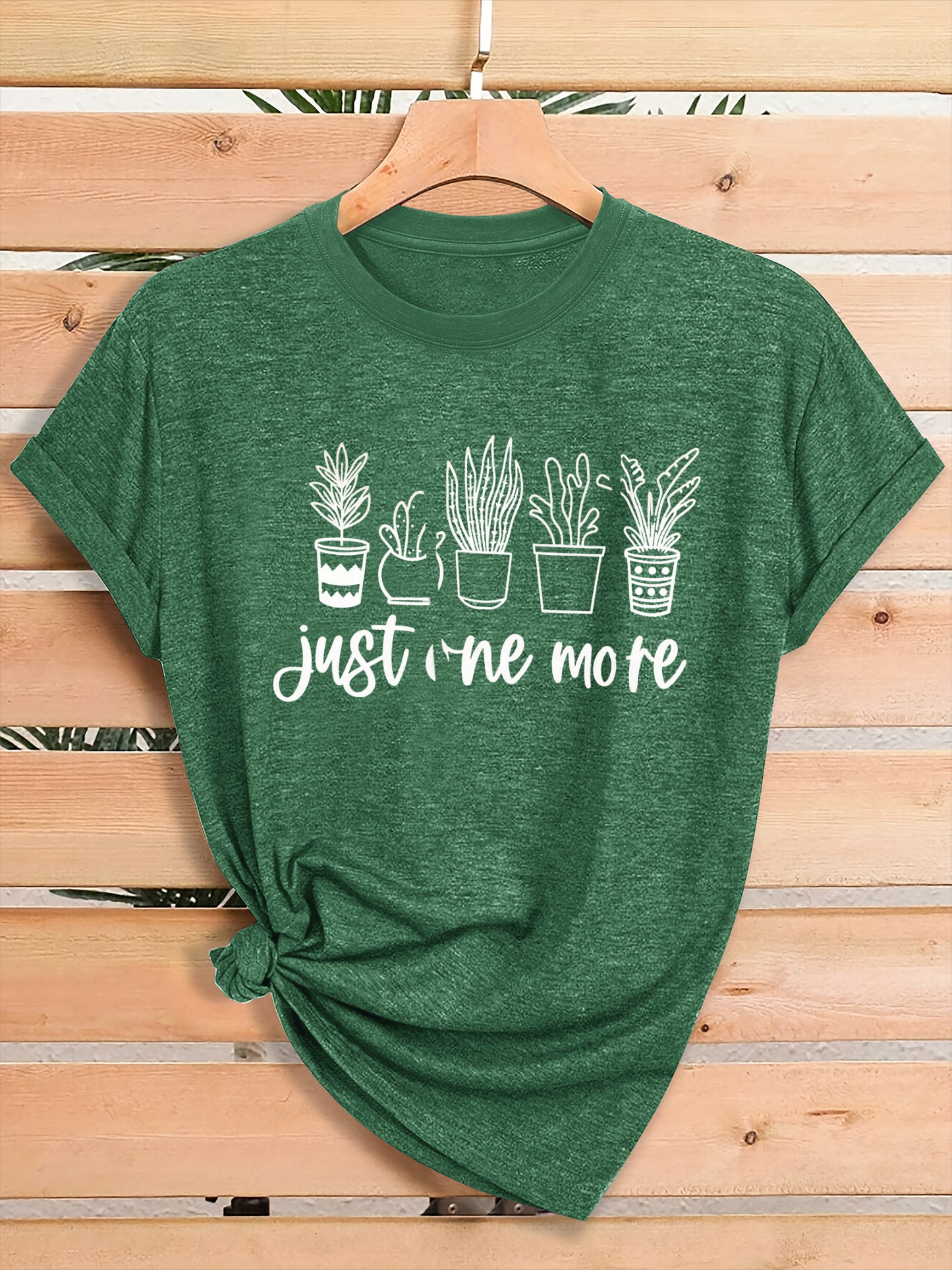 Women'S Green Plant Print T-Shirt with "Just One More" Slogan & Cactus/Succulent Design - Breathable Round Neck Casual Streetwear Top for Gym, Casual Attire, All-Season Comfort - Funny Botanical Graphic Tee for Plant Lovers,
