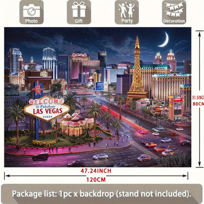 1pc Las Vegas Night Scene Polyester Banner - Vibrant Cityscape with Eiffel Tower, Lights, and "Welcome to Fabulous Las Vegas" Sign - Ideal for Home, Room, or Party Decor, Party Backdrop | Urban Night Theme | Durable Decor Mat