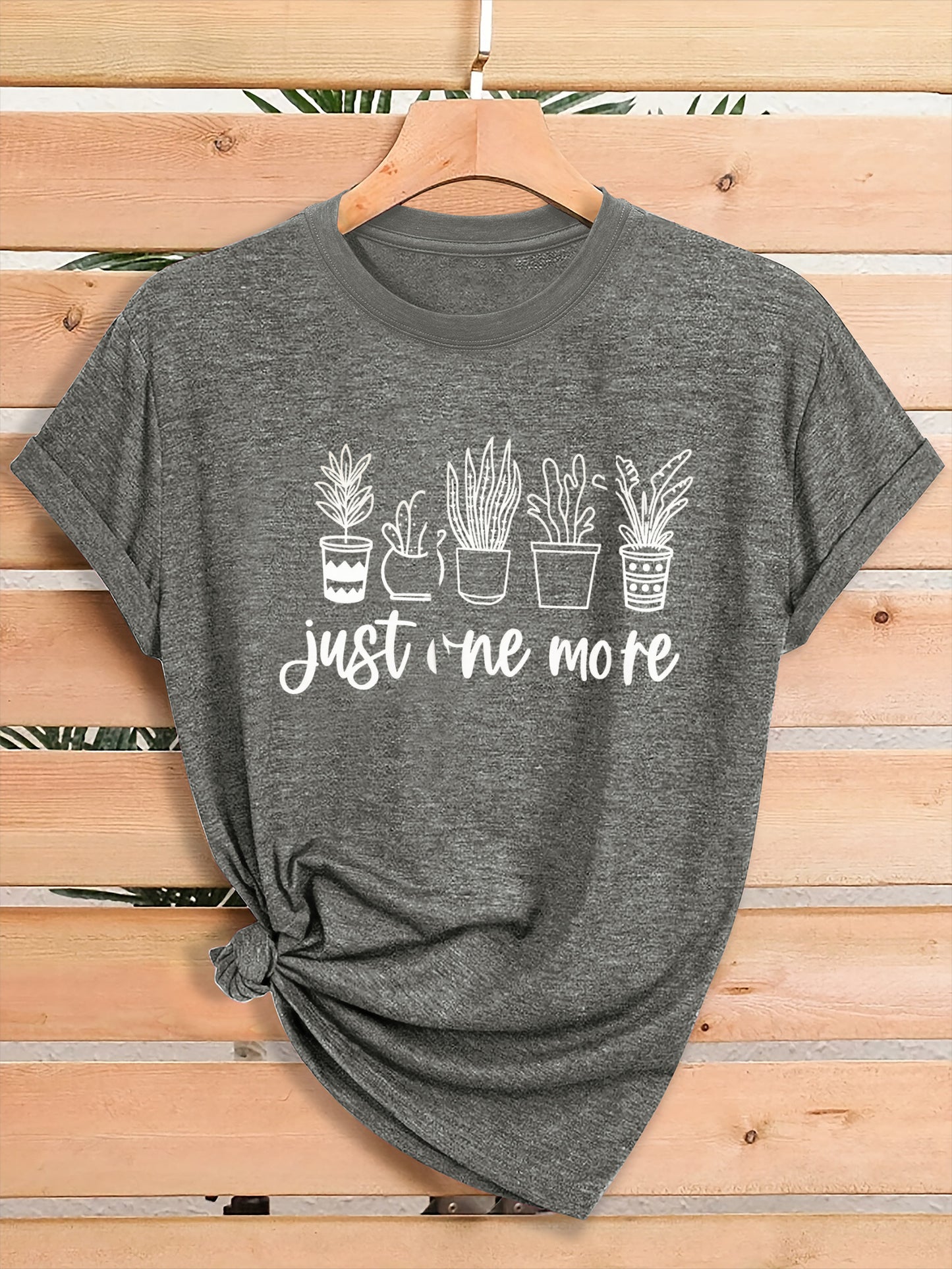 Women'S Green Plant Print T-Shirt with "Just One More" Slogan & Cactus/Succulent Design - Breathable Round Neck Casual Streetwear Top for Gym, Casual Attire, All-Season Comfort - Funny Botanical Graphic Tee for Plant Lovers,