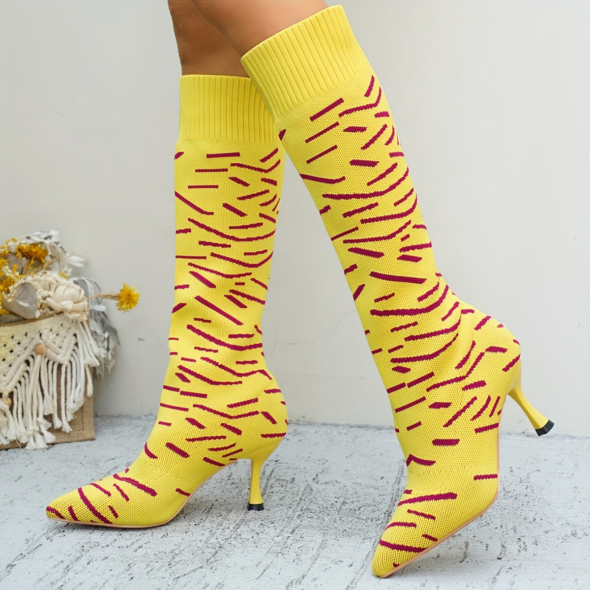 Women'S Plus Size Pointed Toe Stiletto Heel Knee-High Boots - Slip-On Chunky Heel Fabric Upper with Rubber Sole, Vibrant Yellow Fashion Boots for Casual & Formal Outfits, High Heel Boots, Formal Footwear, Pointed Toe Boots, D