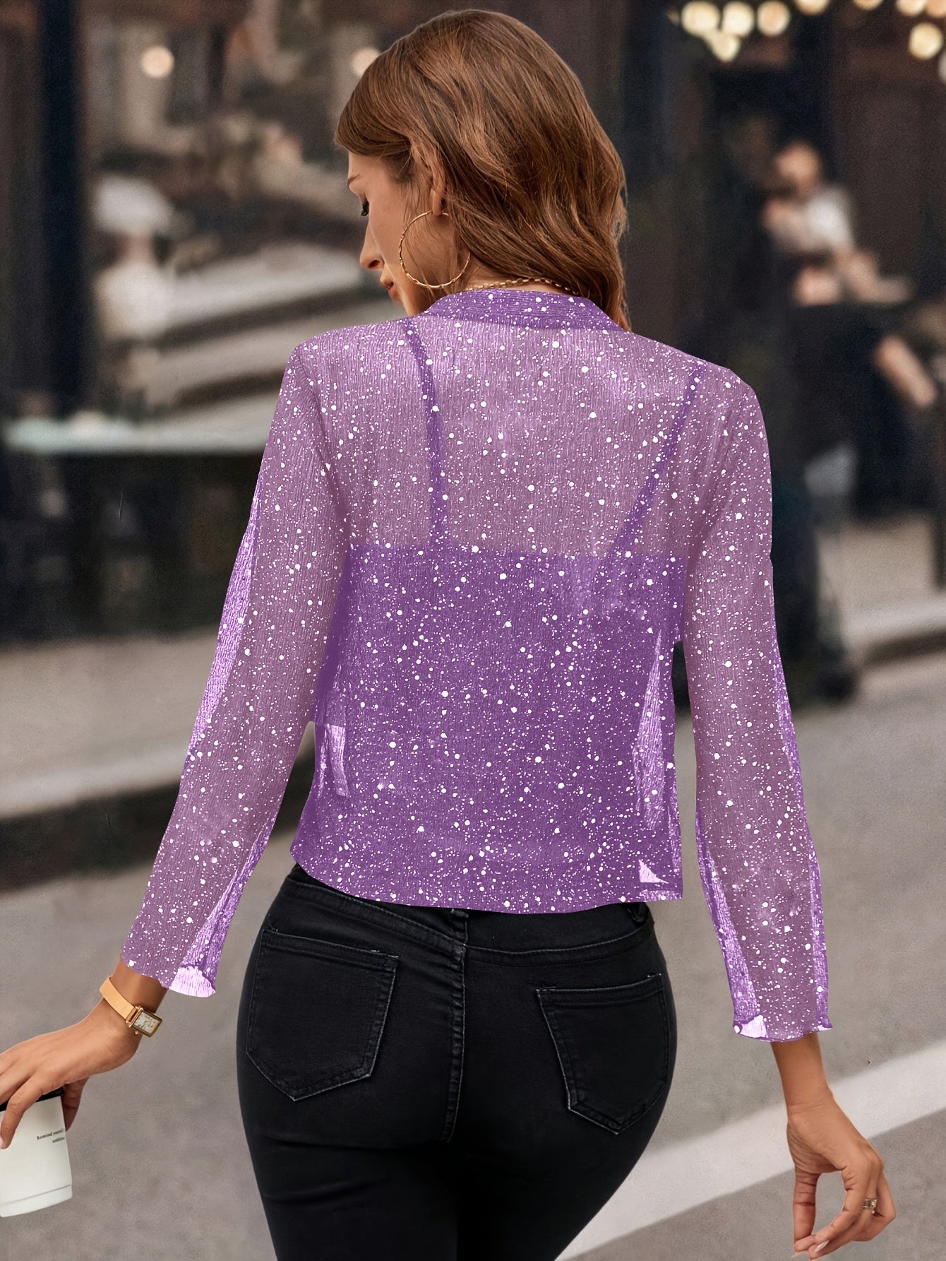 Women's Glitter Sequin - Golden Foil Pleated Fabric - Cardigan Jacket - 3/4 Sleeve Short Cropped Blazer for Business Casual