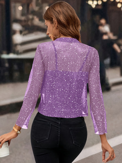 Women's Glitter Sequin - Golden Foil Pleated Fabric - Cardigan Jacket - 3/4 Sleeve Short Cropped Blazer for Business Casual