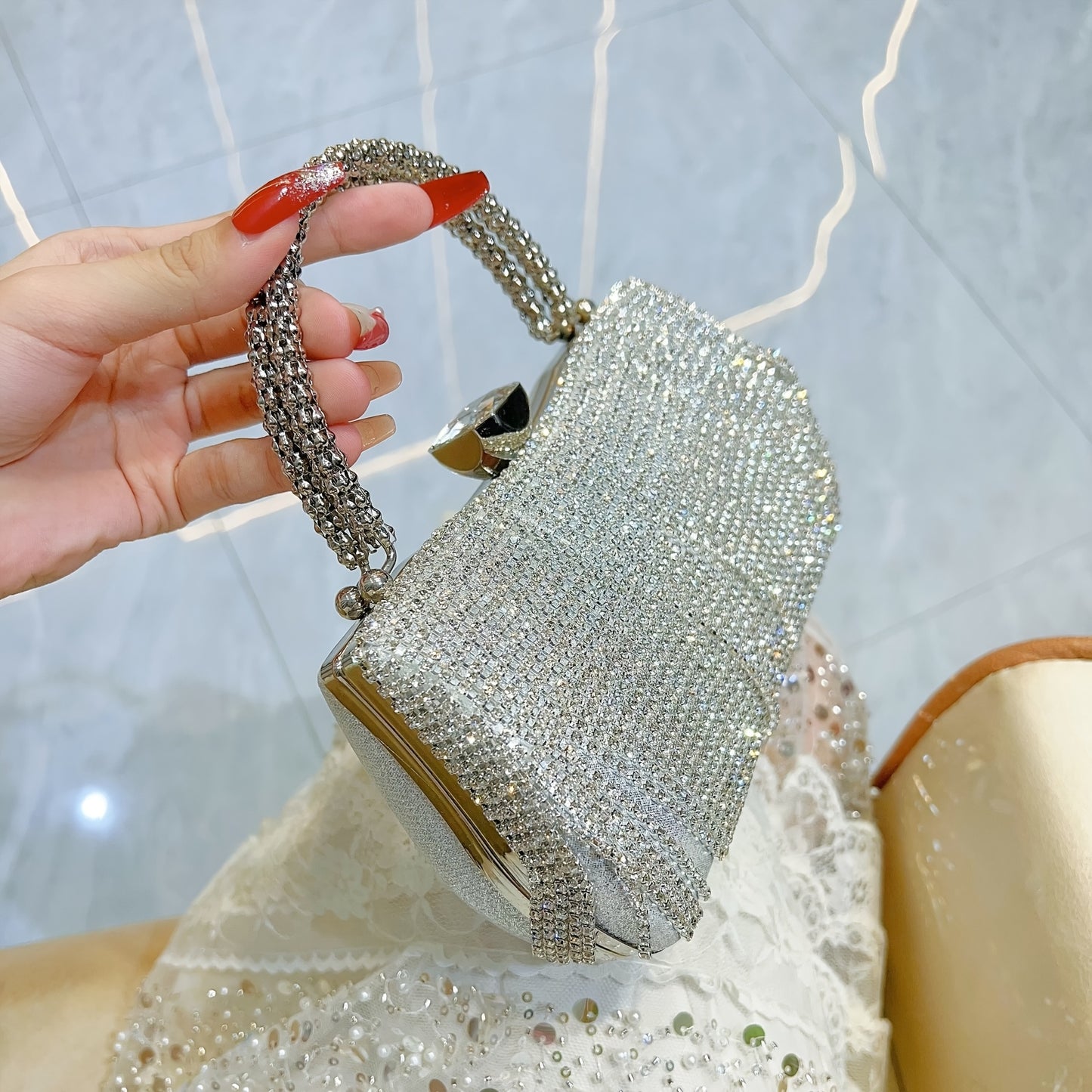 Women's Elegant Rhinestone-Adorned Evening Handbag with Detachable Crossbody Strap & Closure - Sparkling -Encased Design, Tassel Detailing, Durable Luxury Party Wedding Bag for Daily Use, Prom, Galas - Multi-Color Options (Bl