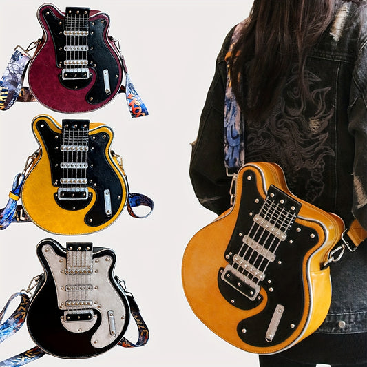 Retro Y2K Steam-Punk Guitar-Shaped Crossbody Bag with Chain Rivet Decor, Color Contrast Design & Adjustable Wide Strap - Durable Machine-Washable Unisex Shoulder Bag for Women & Men, Vintage Bag, Zipper Closure Purse