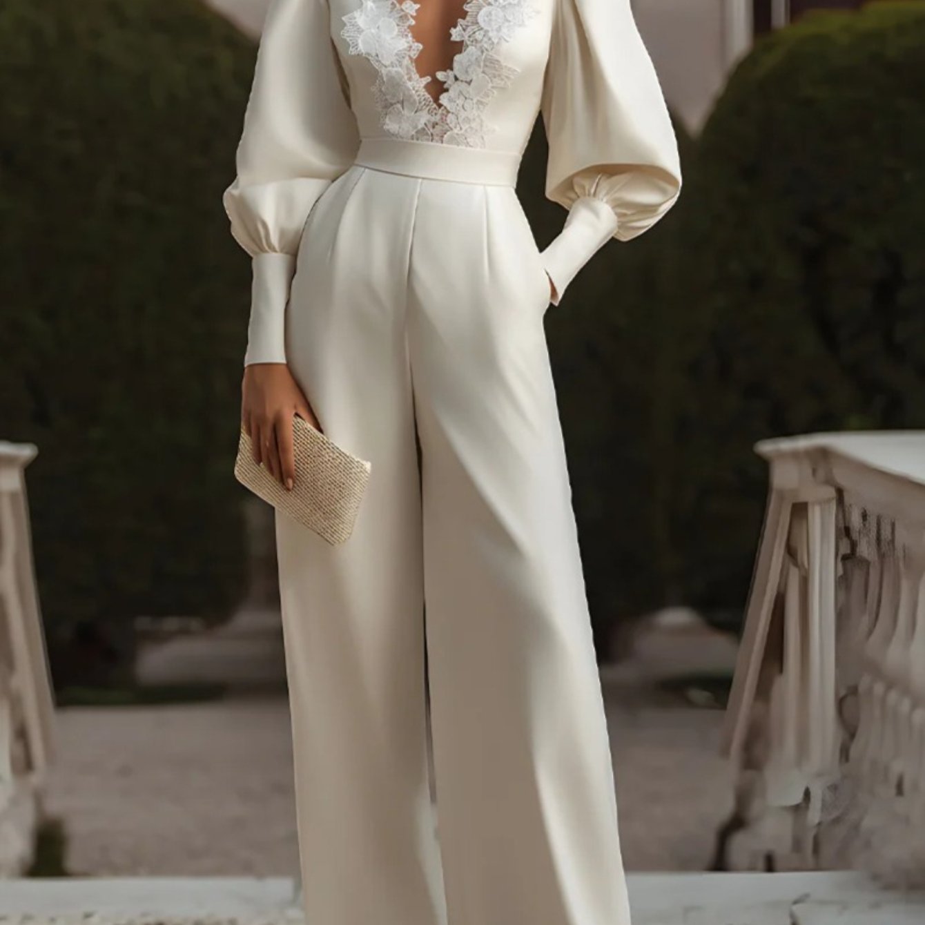 Women' Champagne Lace & Satin Jumpsuit - Retro Deep Bubble Sleeve Wedding Suit, Luxurious Formal Evening Gown for Weddings, Banquets, Autumn/Winter Events (Hand Washable, No alterations) | Champagne color, -Piece