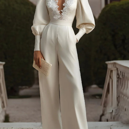 Women' Champagne Lace & Satin Jumpsuit - Retro Deep Bubble Sleeve Wedding Suit, Luxurious Formal Evening Gown for Weddings, Banquets, Autumn/Winter Events (Hand Washable, No alterations) | Champagne color, -Piece