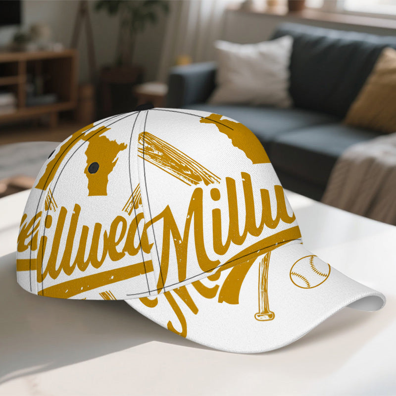 1pc Milwaukee Baseball Cap - Adjustable Snapback Hat with Full-Body Design, Vibrant Golden "Milwaukee" Emblem Print, Perfect for Sports, Running & Street Fashion, Polyester Material, Baseball Cap