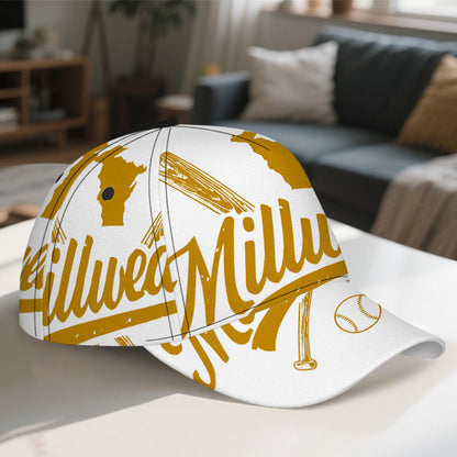 1pc Milwaukee Baseball Cap - Adjustable Snapback Hat with Full-Body Design, Vibrant Golden "Milwaukee" Emblem Print, Perfect for Sports, Running & Street Fashion, Polyester Material, Baseball Cap