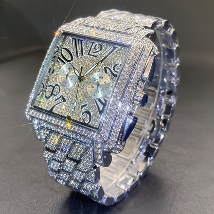 MISSFOX Men'S Luxury Hip-Hop Watch - Golden-Tone Quartz Movement with Date/Calendar, Square Dial & Roman Numeral Display, Sparkling Rhinestone Bezel, Battery-powered Formal/casual Wristwatch For Everyday & Special Events - Id