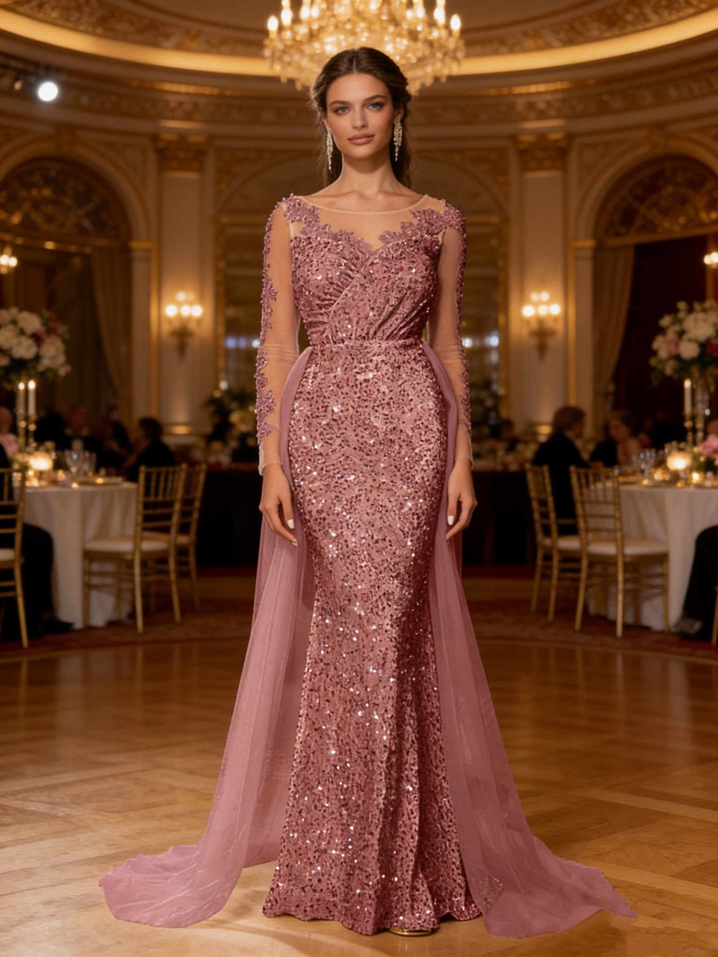 Women'S Multi-Color Sequin Mermaid Formal Gown | Long Sleeve Illusion Top Cape Train Evening Dress, Perfect for Prom, Gala Nights, Wedding Guest Events & Luxury Occasions