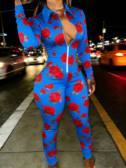 Red Rose Print Casual Women's Half Zipper Jumpsuit, Floral Pattern Casual Wear, Outdoor S Women's Long Sleeved Lapel Sweatshirt Jumpsuit, Fashionable Spring Half Zipper Slim Fit Jumpsuit, Women's Gift, Soft Fabric, Machine Wa