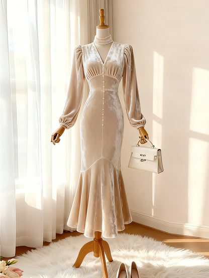 This Elegant Long-Sleeve Midi Dress Features a Mock-Neck And V-Collar Design, Perfect for Women. Its Retro And Exquisite Style Makes It Ideal for Formal Events, Romantic Outings, And Luxurious Afternoon Teas During The Fall A