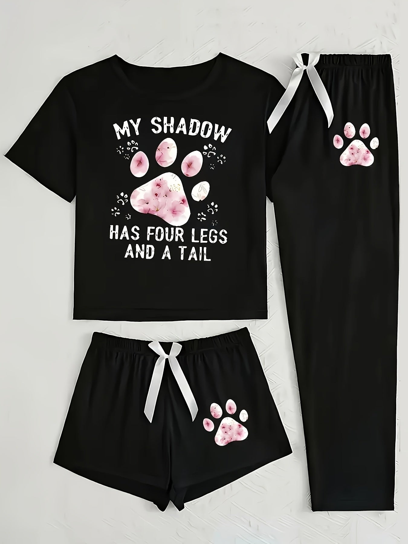 Short Sleeve Long Pants Shorts - Fashionable 3pcs - Unique Design Print Women'S Pajamas, Home Wear