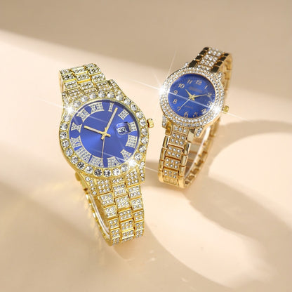 2pcs/ set, Couple Watches Sets, Luxury Rhinestone Setting Stainless Steel Strap Quartz Watches Analog Elegant Round Dial Design Wristwatch, Middle East, Ramadan Ideal Choice for Gifts.