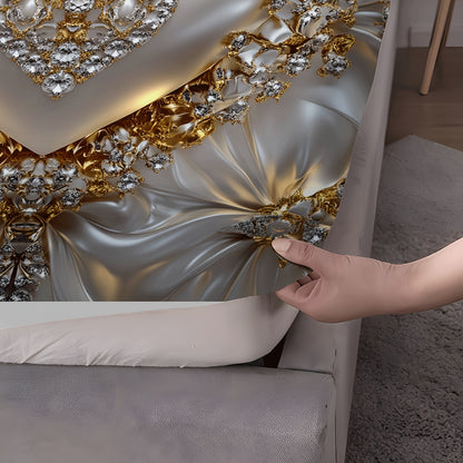 3pcs Heart Jewel Print Fitted Sheet Set, Golden Heart with Gemstones, Breathable Polyester, Machine Washable for All Seasons Ideal for Bedroom Guest Room Master Suite and More Includes 1 Fitted Sheet and 2 Pillowcases No Matt