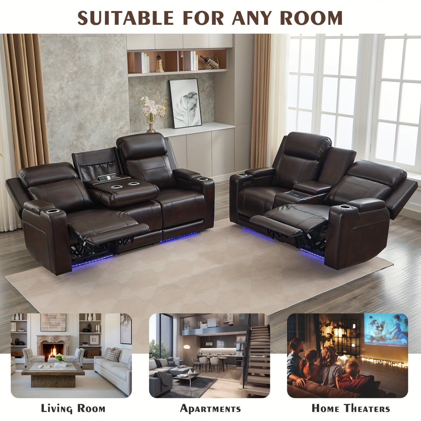 Consofa Leather Reclining Couch, Dual Motor Power Reclining Sofawith Power Headrest/LED Light/Armrest Storage, Recliner Sofa 3 Seater for Living Room/Apartment/Bedroom, Living Room Seating, Apartment Furniture, Stylish Reclin