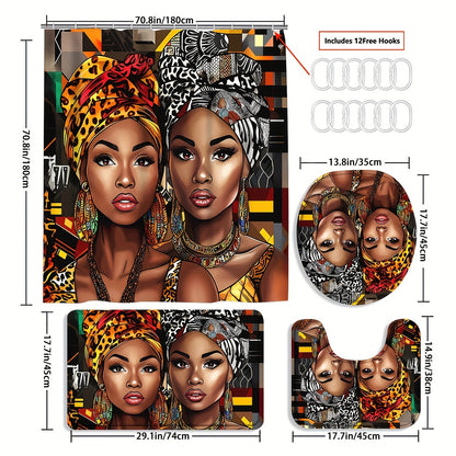 4pcs/1pc African American Woman Shower Curtain Set, Bathroom Curtain With Hooks, Non-Slip Rugs, Toilet U-Shape Mat, Seat Cover, Machine Washable Bathroom Decoration Accessories, African Theme Black Shower Curtain Gift For Wom