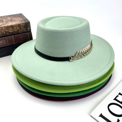 1pc Women'S Retro Wide-Brimmed Fedora Hat with Metal Crescent & Black Leather-like Band - Vibrant Orange/Red/Green/Black/Navy Blue/Purple/White - Elegant Non-Stretch Design for Autumn Winter, Music Festivals, Christmas & Dail