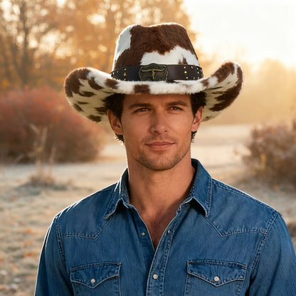 Warm Plush Fuzzy Cowgirl Hat with Bull Head Belt - Unisex Western /H Cow Spot Jazz Cap for Rodeo, Ranch, Themed Parties | Hand Washable for men & women