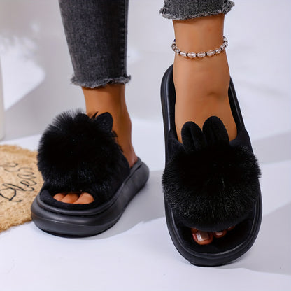 [Cozy House Shoes] 2025 New Autumn & Winter Single Ball Rabbit-Ear Design Warm Slippers for Men & Women - Couples' House Shoes with Thick Sole & Semi-Enclosed Back | Indoor/Outdoor Slides | Lightweight & Quiet Home Footwear |