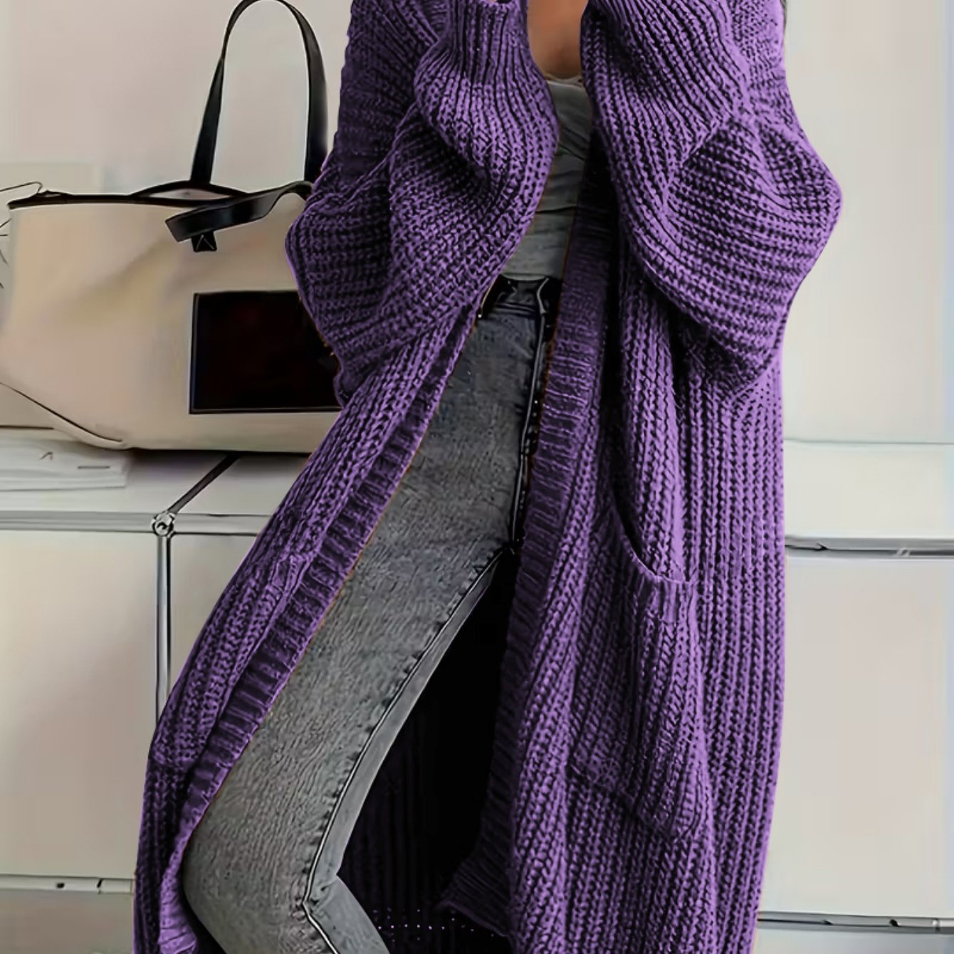 Plus Size, Solid Color Plus-Size Women's Long Pocket Cardigan Loose Over-the-Knee Sweater Coat Fashion Versatile Outerwear