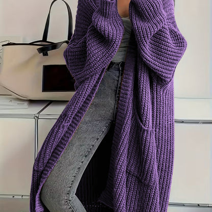 Plus Size, Solid Color Plus-Size Women's Long Pocket Cardigan Loose Over-the-Knee Sweater Coat Fashion Versatile Outerwear