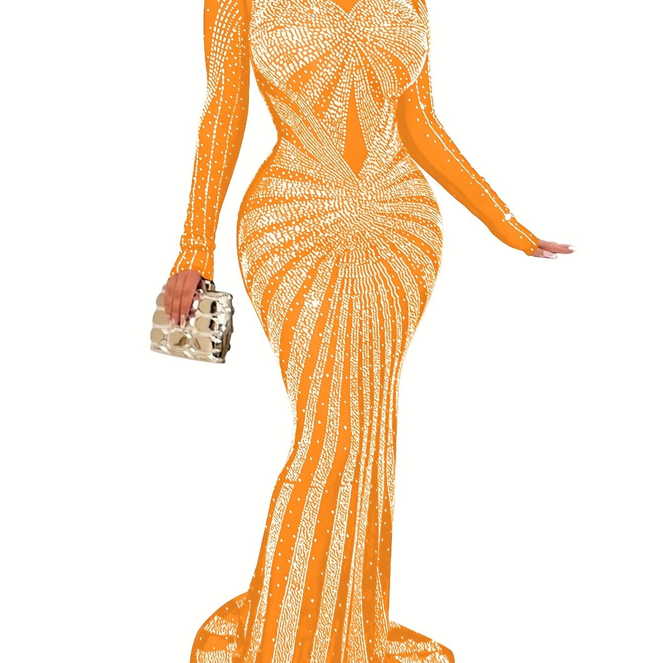 Long Sleeve Maxi Dress - Elegant Sheer Mesh with Rhinestone Detail - Bodycon Fit for Women - Perfect for Spring/Summer/Fall