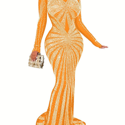 Long Sleeve Maxi Dress - Elegant Sheer Mesh with Rhinestone Detail - Bodycon Fit for Women - Perfect for Spring/Summer/Fall