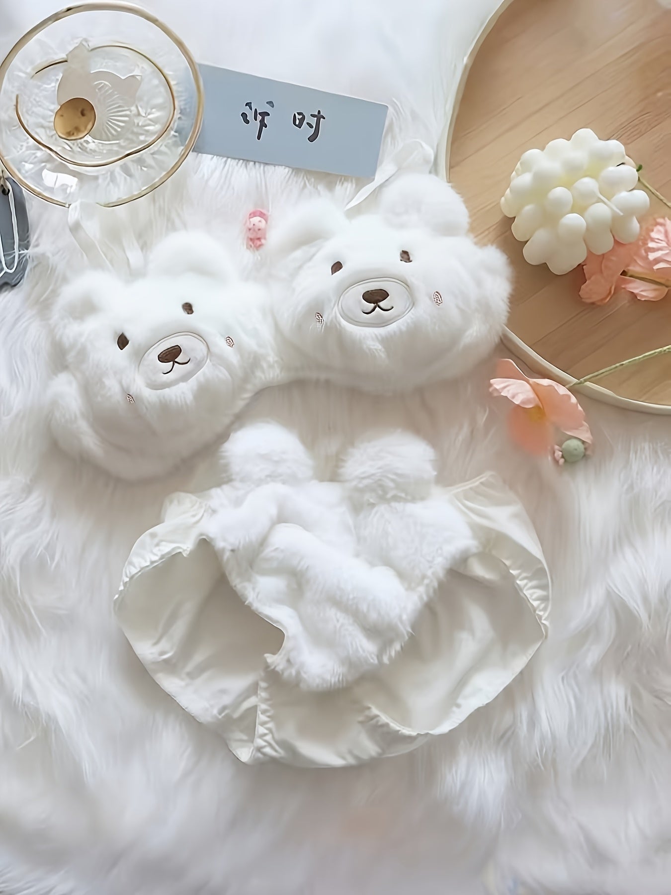 Fashionable Comfortable Cute Bra, Sweet Soft Bear Bra Plush Underwear for Women Winter Small Chest Push-Up Bra Set