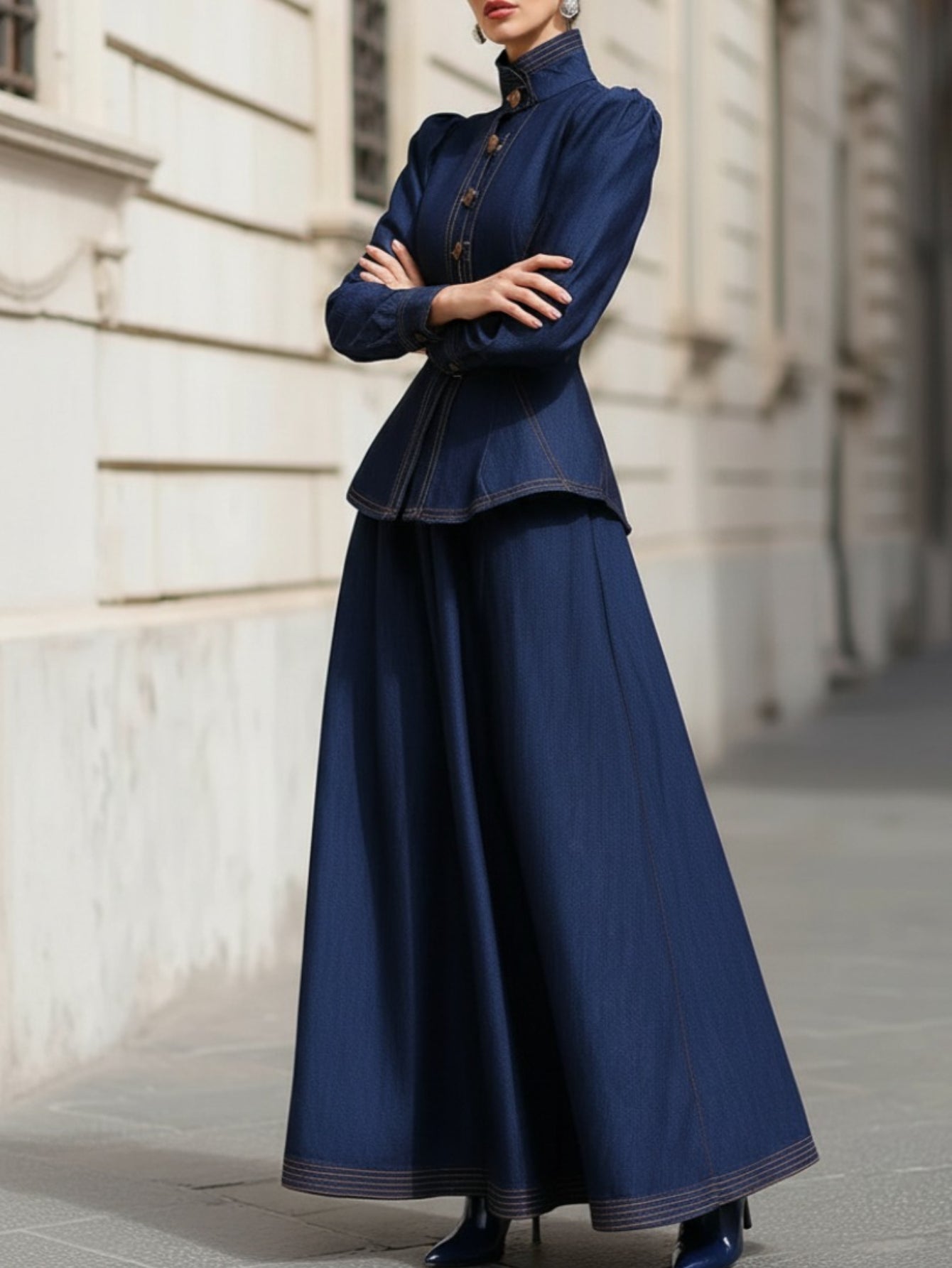 2pcs Set: Navy Blue Waist-Defining Top + Full-Skirted Long Dress | Women'S Retro-Chic, Elegant Pieces Perfect for Casual Dates, Urban Strolls, Exploring Artsy Spots, And Spring/Fall Outfits
