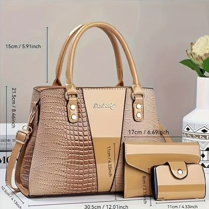 3pcs, Classic Large Capacity Mom Bag, Bright Surface Crocodile Pattern Multi-pocket Compartment Bag, Designer Bags for Women, Vintage Purse, Womens Hand Bag, Designer Bags for Women High Quality, Everyday Purse, Travel Access